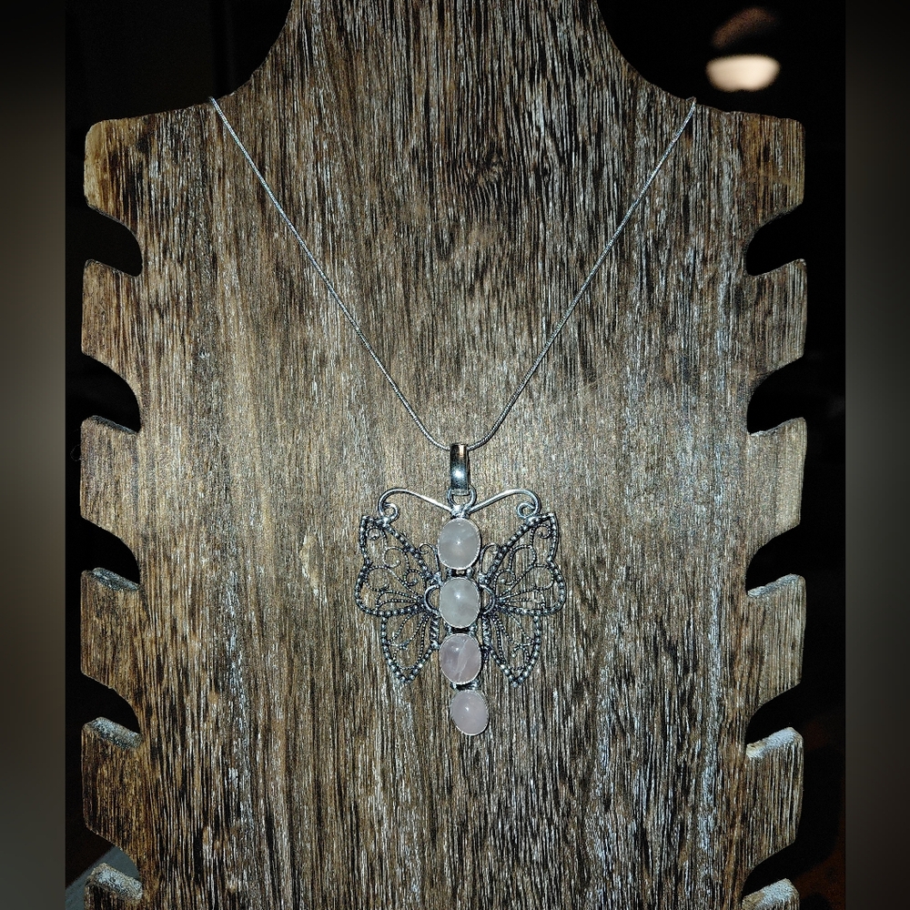 Silver Rose Quartz Butterfly Pendant Necklace - Picture 5 of 7